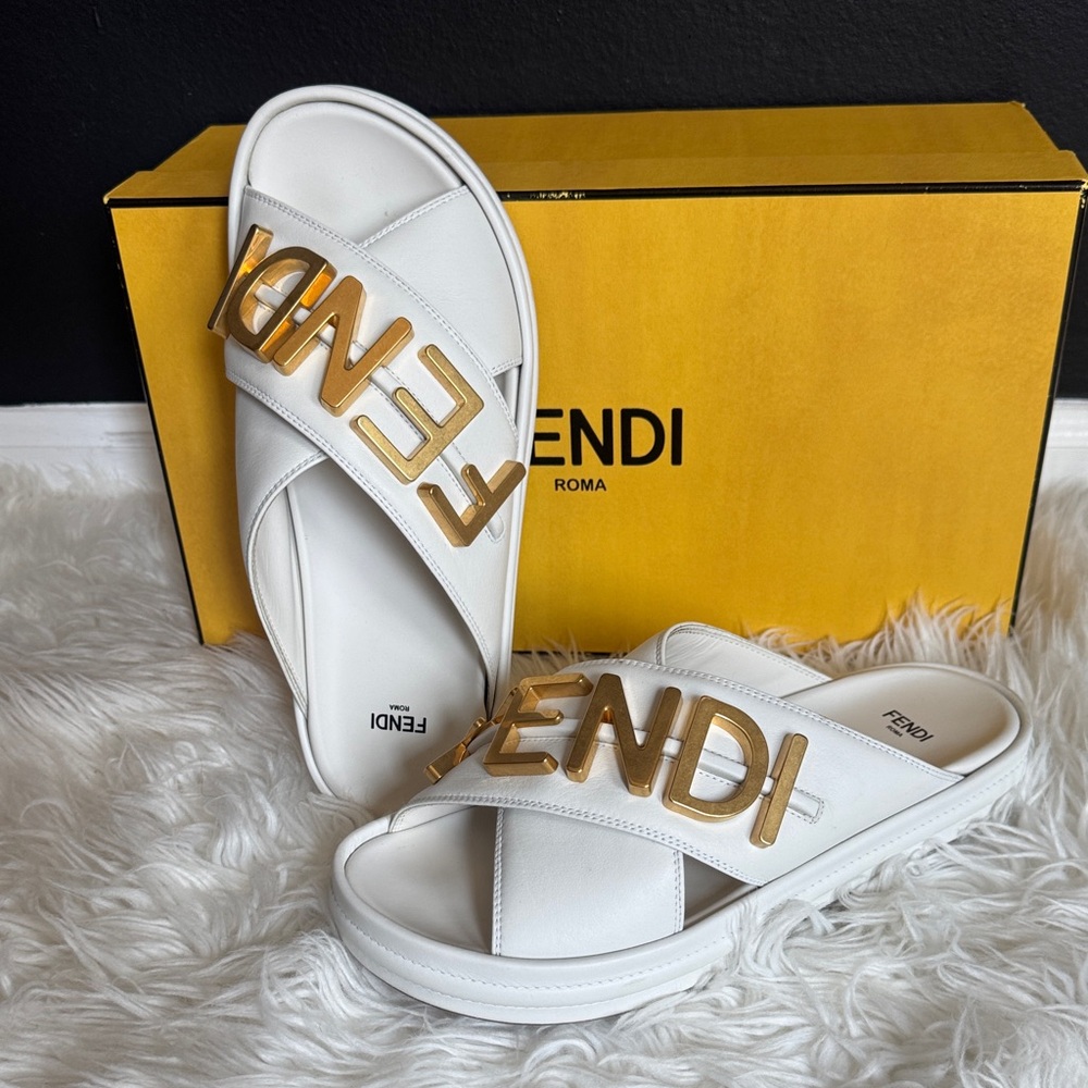 Fendi Women's Sandals in White with Gold Logo